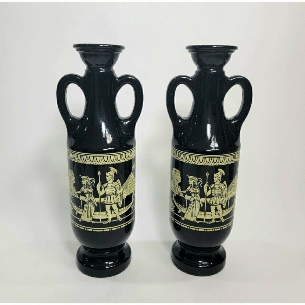 2 Vtg Jim Beam Egyptian Themed Double Handled Glass Liquor Decanter 11.25"